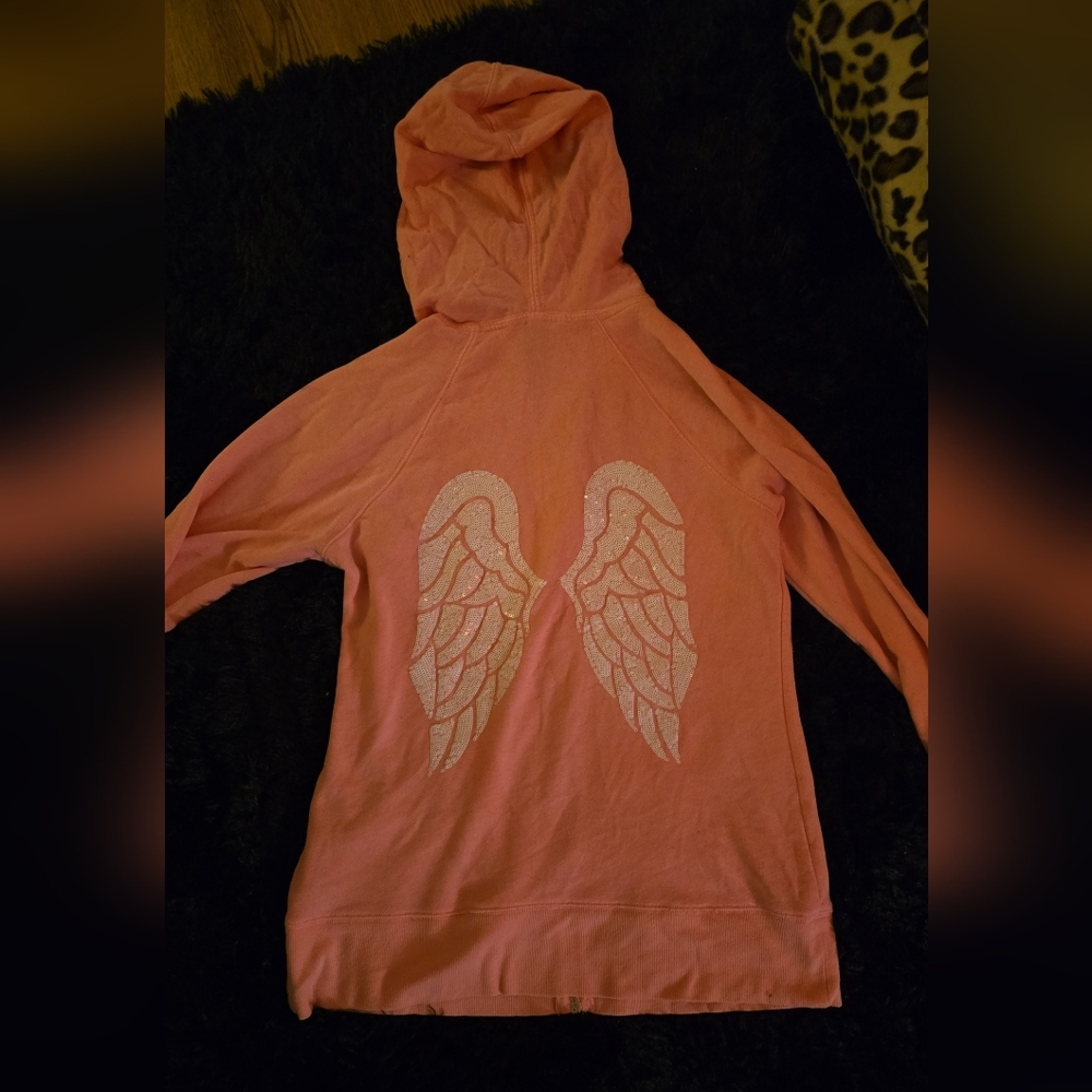 Vintage Y2K Victoria's Secret Medium Pink Hoodie with Glitter Wings
